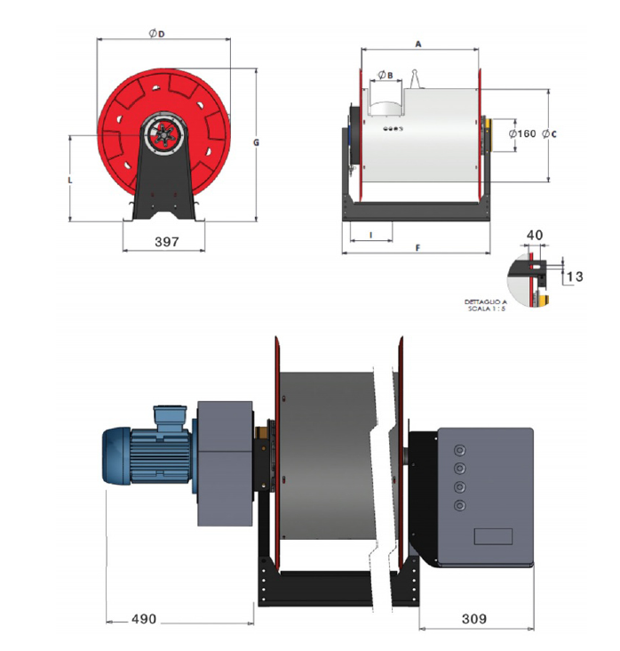 Three diagrams showing the dimensions for the Aerservice vehicle exhaust extraction system - hose reel, and the hose reel plus motor and fan